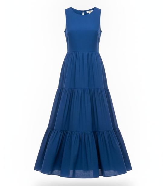Blue Tiered Skirt Midi Dress